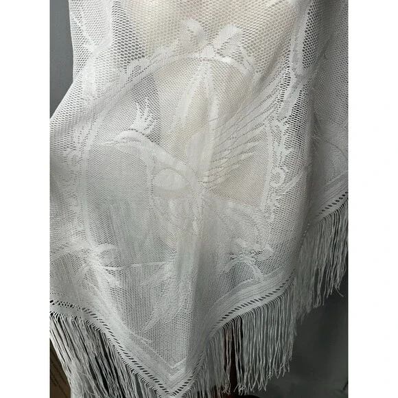 VTG Mantilla Birds Triangle Fringe Church Piano Shawl Scarf  Wrap Japan - Picture 6 of 9